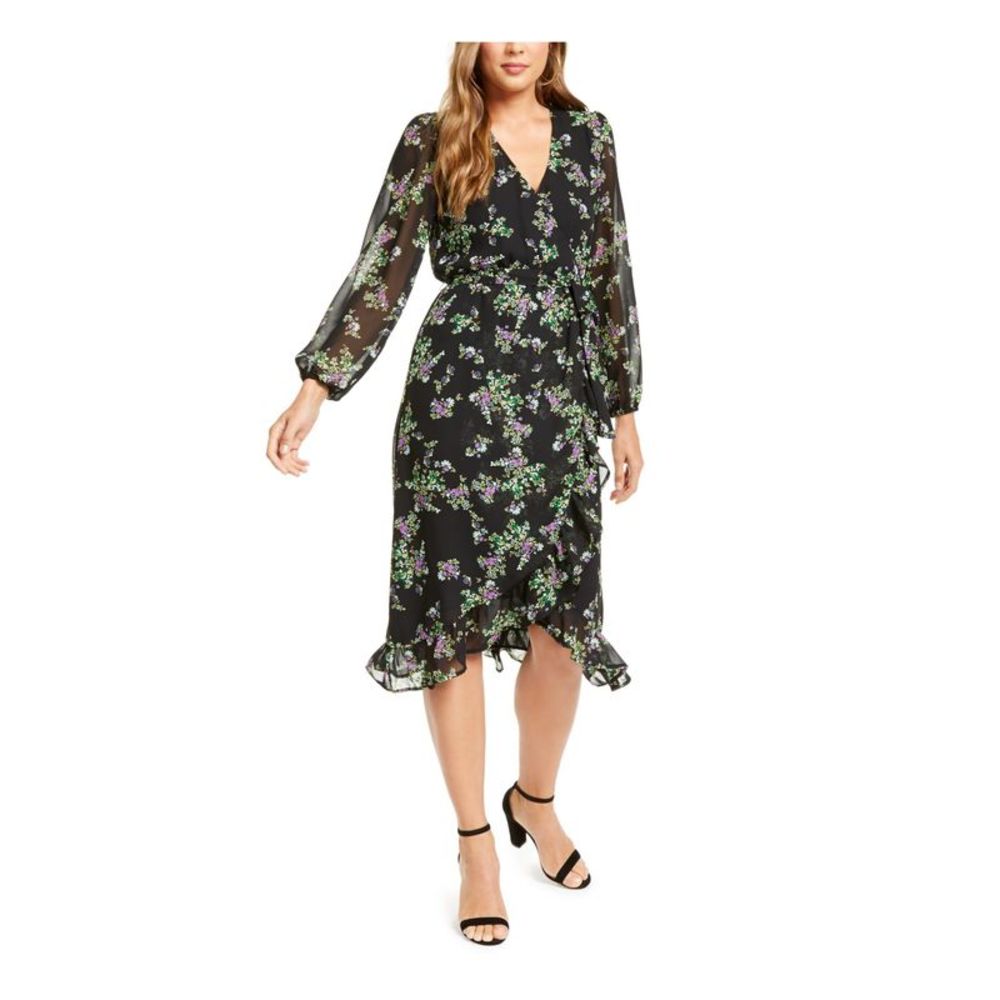 Q+A Los Angeles Womens Black Belted Long Sleeve V Neck Midi Hi-Lo Dress XS